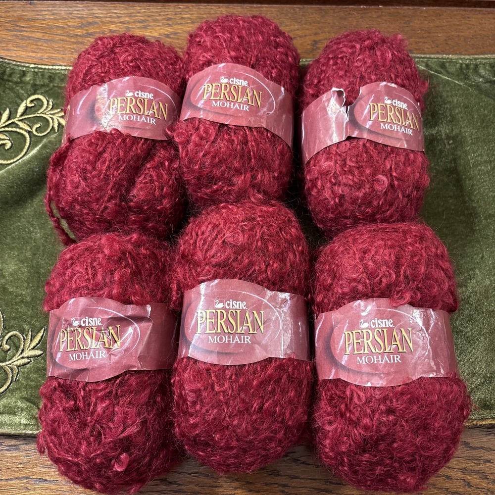 Lot 6 Skeins Cisne Persian 86% Mohair Bouclé Yarn 100g Burgundy Red 1706 Lot 8